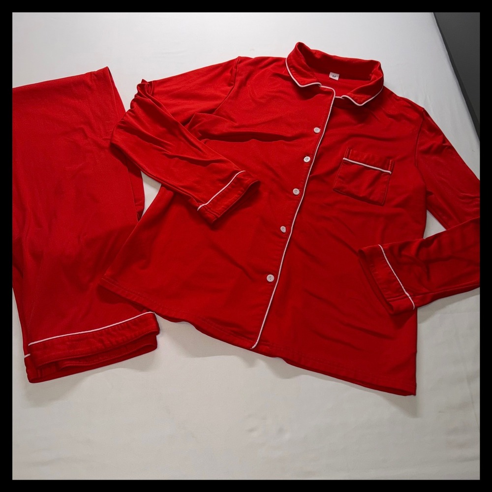 Unbranded Pajama Set Womens‎ Medium Red Long Sleeve Button Up Piping Sleepwear